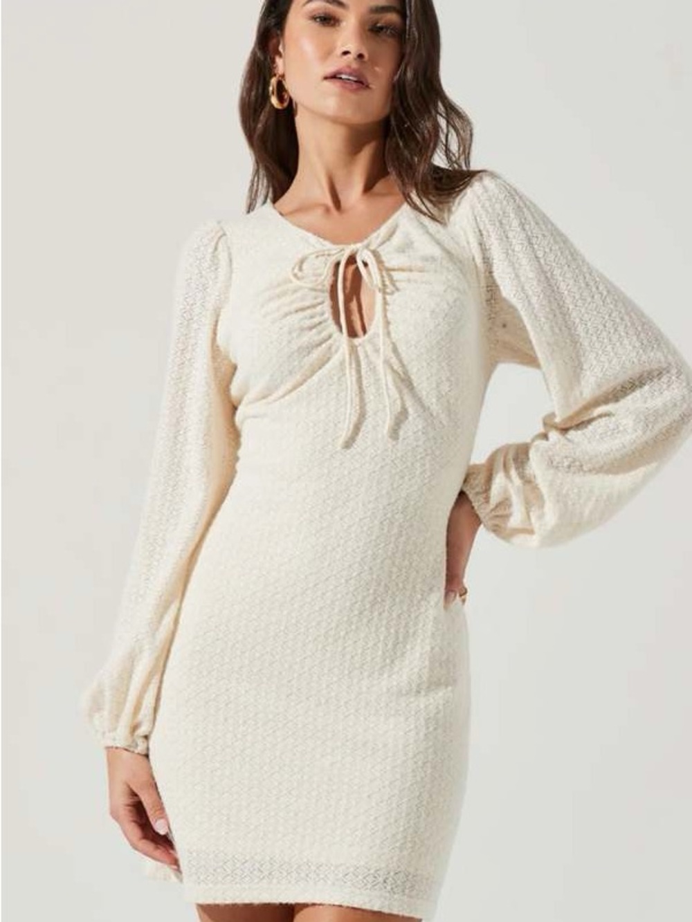 Astr Cream Knit Mini Dress with Tie-Front and Puff Sleeves